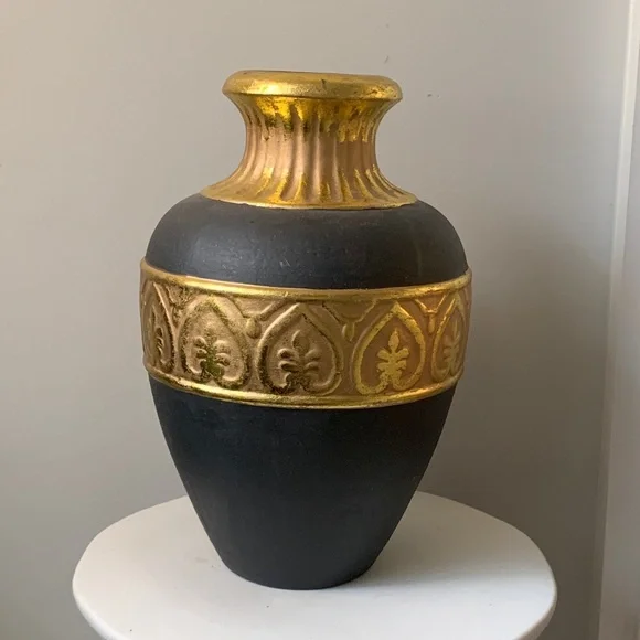 Dark brown gold leaf large ceramic decorative vase home decor shelf vintage art - Picture 1 of 10